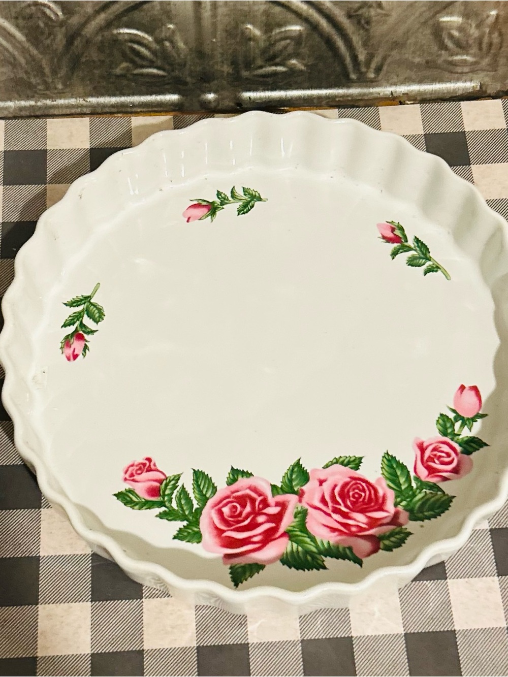 White Ceramic Serving Plate with Pink Rose Design